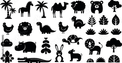 Cute animal and nature silhouettes icon set featuring farm wild zoo animals trees plants and bushes in black flat style for kids design and stock illustration use