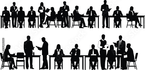 Business meeting silhouettes showing professionals discussing, presenting and working together at conference tables, black vector illustration isolated on white background for corporate teamwork and 