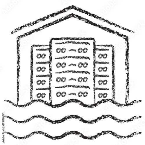 Vector icon of server racks submerged in water representing a data lake. Dark brown charcoal sketch on transparent background, symbolizing big data storage and warehouse solutions