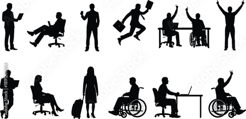 Business people silhouettes showing office work, meetings, success gestures and inclusive workplace activities, black vector illustration isolated on white background for