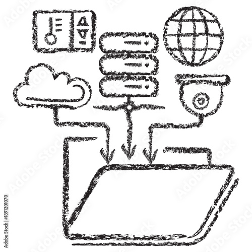 Vector data aggregation and folder organization icon. Dark brown textured charcoal sketch of data streams flowing into a directory on transparent background. Centralized storage concept