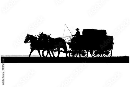 Silhouette of a horse-drawn wagon carrying hay or straw, driven by a farmer, suggesting a rural or agricultural scene with a historical or traditional element