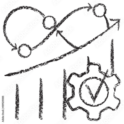 Vector icon of AI model optimization with an accuracy growth graph and validation gear. Dark brown charcoal sketch on transparent background. Hand-drawn concept for quality assurance in ML