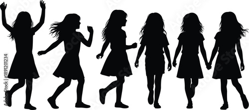 Girls silhouettes walking and dancing together, playful children poses showing friendship and happiness, kids lifestyle illustration isolated on white background design