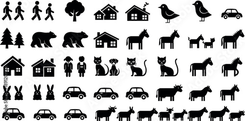 Everyday life silhouette icon set featuring people, houses, trees, animals, cars, pets, farm creatures, and simple lifestyle symbols for modern design use