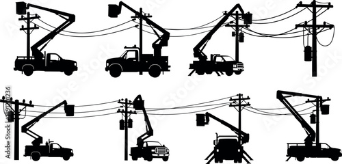 Electric utility service truck silhouettes power lines, bucket lifts and workers equipment for electrical maintenance and infrastructure illustration 