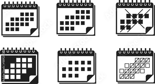 Calendar icon set with multiple date layouts and crossed schedule variations, black and outline vector illustrations isolated on white background for planning and time management design