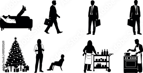 Everyday lifestyle silhouettes collection featuring business people, home activities, cooking, relaxation and festive moments illustrating modern daily life isolated on white background