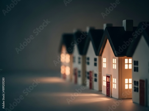 Perspective View of Illuminated Miniature Houses in a Row. Generative Ai