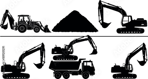 Excavation and earthmoving machinery silhouettes showing excavators, backhoe loader and dump truck working with soil piles isolated on white background for construction design