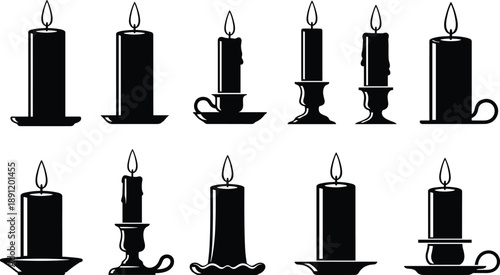 Candle silhouette icon set showing burning candles in different holders and shapes, black vector illustration isolated on white background for decoration, ceremony and romantic design