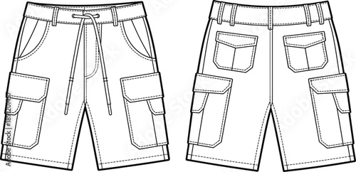 Cargo shorts technical fashion sketch showing front and back views with multiple pockets, drawstring waistband and clean line art vector illustration for apparel design