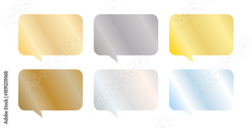 角丸長方形の光沢吹き出しセット、グラデーション仕上げのゴールド・グレー・ブルーの会話フレーム素材