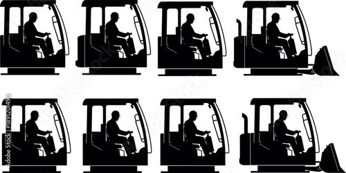Forklift operator silhouette sequence showing industrial vehicle operation, warehouse material handling, logistics workflow, loading equipment 
