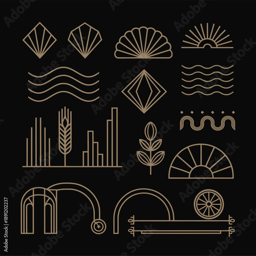 Art deco gatsby palmette ornate set, elegant 1920s-inspired vector design elements, perfect for vintage fashion, luxury branding, invitations, and decorative graphic projects.