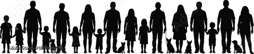 Family silhouette collection showing parents, children and pets standing together, black vector illustration isolated on white background representing family life, community and togetherness
