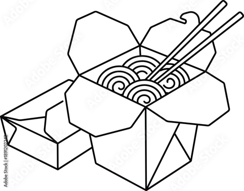 Chinese takeout noodle box with chopsticks, asian fast food delivery packaging, black line art vector icon isolated on white