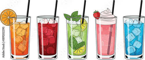 Colorful refreshing summer drinks in tall glasses with ice fruit mint whipped topping and straws isolated on white