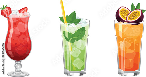 Colorful tropical cocktail drinks with strawberry mint and passion fruit served in tall glasses isolated on white background