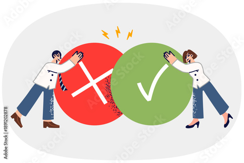 Two office workers compare pros and cons new strategy while standing near large pros and cons icons