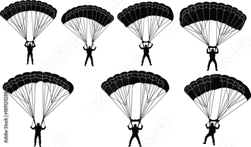 Set of black silhouettes of skydivers with open parachutes, vector illustration of extreme sport activity, landing positions isolated on white background