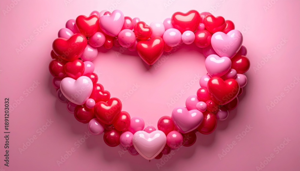 Fototapeta premium Large heart shaped frame made of numerous pink and red glossy balloons against a plain pink wall background