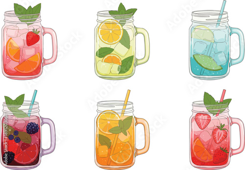 Hand drawn mason jar lemonade and fruit drinks set with ice citrus berries mint and straws isolated