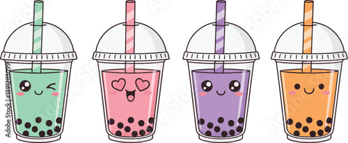 Cute kawaii bubble tea drinks with smiling faces colorful milk tea cups tapioca pearls and straws isolated
