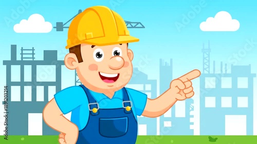 Cartoon Builder Pointing Construction Site Background.