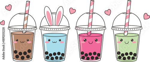 Cute kawaii bubble tea drinks with bunny ears hearts smiling faces and colorful milk tea cups isolated