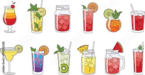 Hand drawn assorted summer drinks and cocktails with fruit ice mint in glasses jars and cups isolated