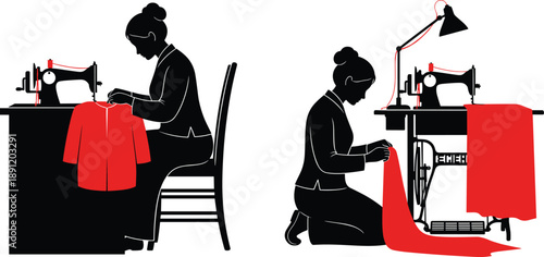 Black silhouette of two women dressmakers working on vintage sewing machines, creating red clothing in a tailor shop, isolated vector illustration on white.