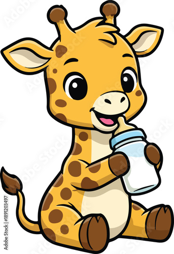 Adorable baby giraffe cartoon character drinking milk from a bottle.