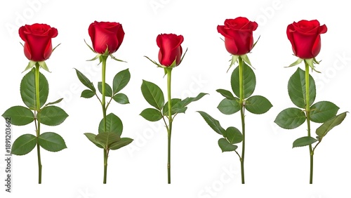 valentine's special Set of five fresh red roses on long stems with green leaves on white background