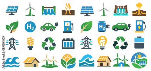 Clean Energy Icons Set with Solar, Wind, and Sustainable Power Technologies
