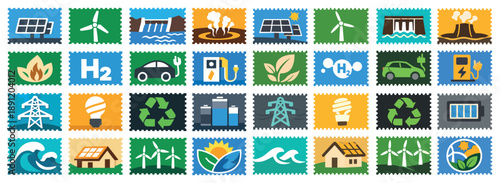 Clean Energy Icons Set with Solar, Wind, and Renewable Power Technologies