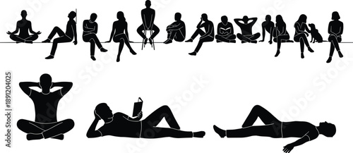 Black silhouette vector of people sitting, reading and lying down, men and women relaxing together, isolated on white background for leisure design.