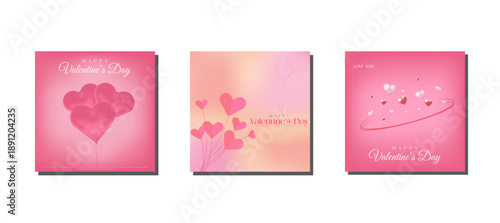 Romantic Happy Valentine's Day social media post collection featuring 3D pink heart balloons, paper cut hearts, and elegant love themes on soft pink backgrounds