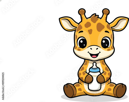 Cute Baby Giraffe Holding a Milk Bottle Illustration 1.