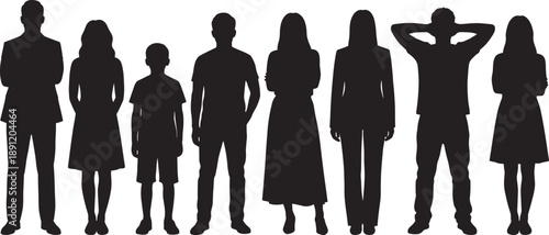 Black silhouette vector of diverse people standing in row, men women and child isolated on white background for family or community design.