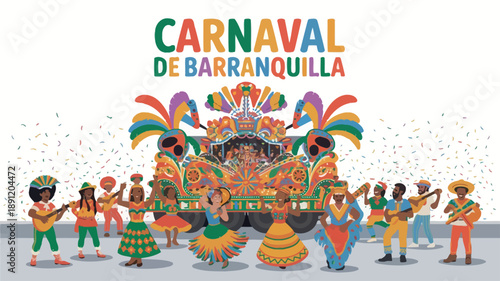 Carnaval de Barranquilla Parade Float and Dancers with Vibrant Floral Design