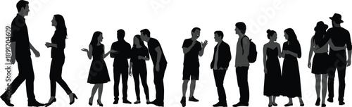 Black silhouette vector of people talking and walking, couples and friends standing together, isolated on white background for social communication design.