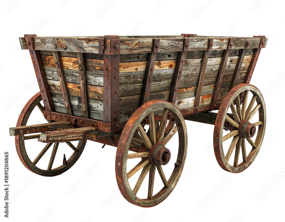 Fototapeta premium Antique wooden wagon with weathered planks and rusty metal fittings