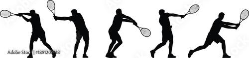 Flat vector illustration, black silhouette set of five tennis players performing backhand stroke sequence with racket and ball motion