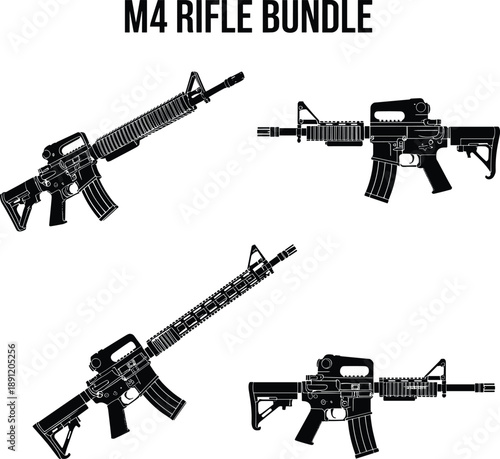 Flat vector illustration, black silhouette set of four M4 rifle configurations with varied barrels, stocks, and tactical attachments