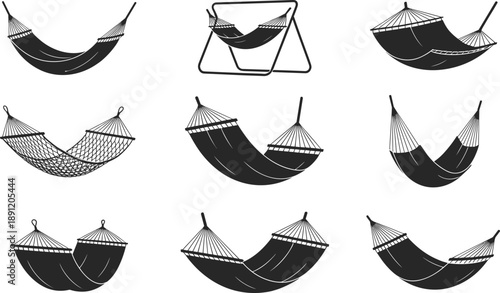 Flat vector illustration, black silhouette set of nine hammock designs including netted, fabric, and freestanding frame styles