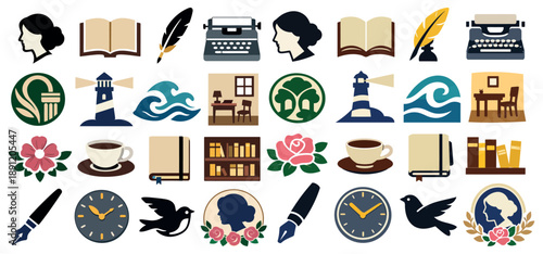 Virginia Woolf Birthday Literature Icon Set with Books Writing and Blooms
