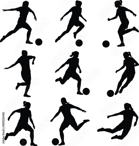 Flat vector illustration, black silhouette set of nine soccer players in dynamic poses including kicking, dribbling, and running