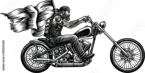Bearded Biker with Cape Riding a Chopper Motorcycle.