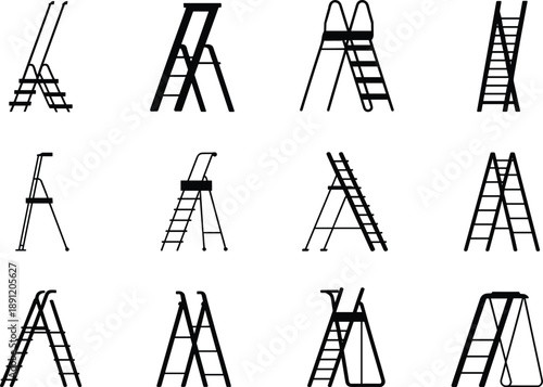 Flat vector illustration, black silhouette set of twelve ladder and step stool designs with varied platforms, rails, and configurations